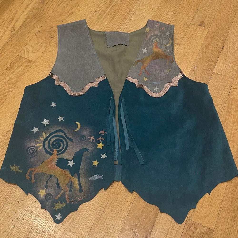 Crain Hand Painted Suede Leather Vest Celestial Horse Stars Teal Blue Small